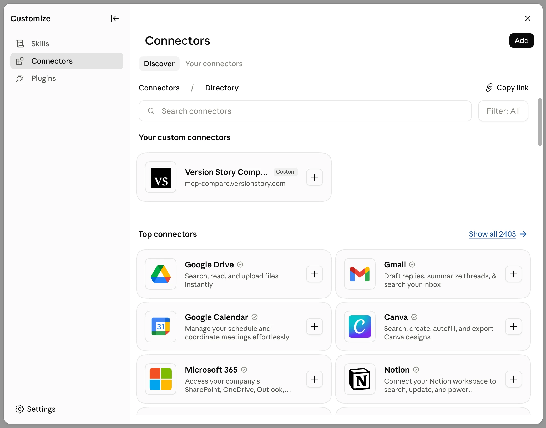 Version Story Compare listed under Your custom connectors