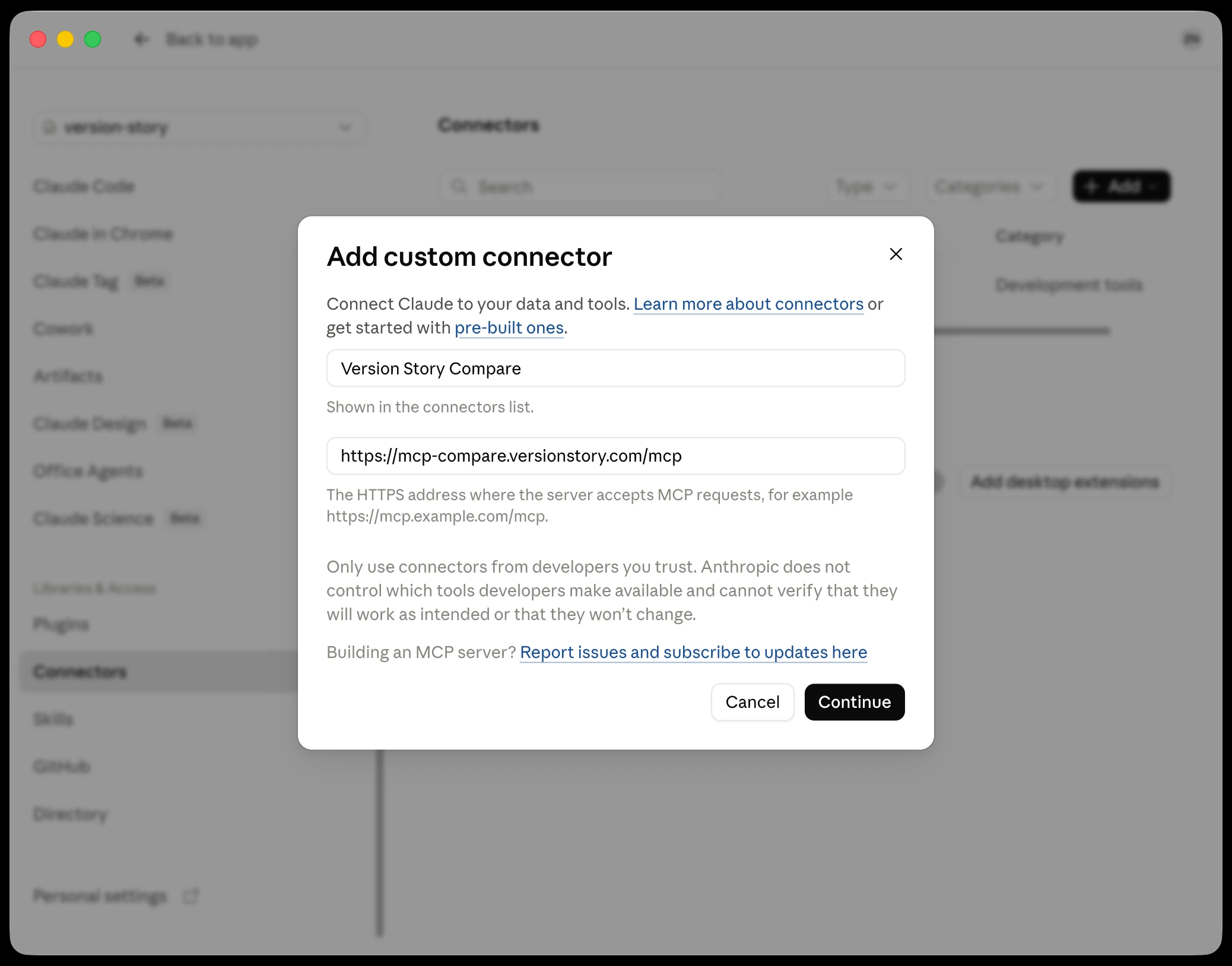 Organization Add custom connector dialog filled in
