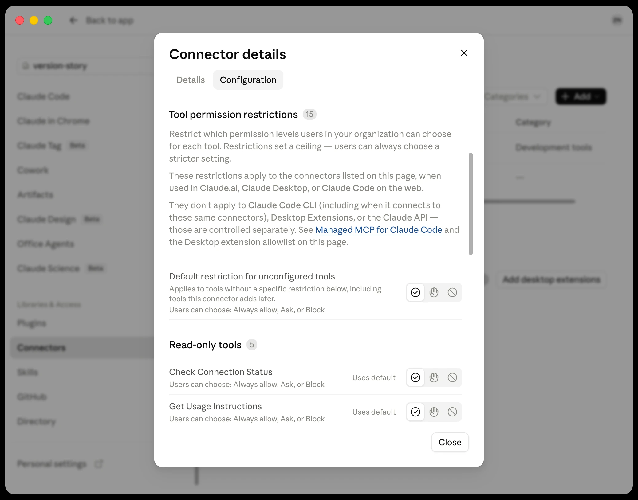 Tool permission restrictions with the default left in place