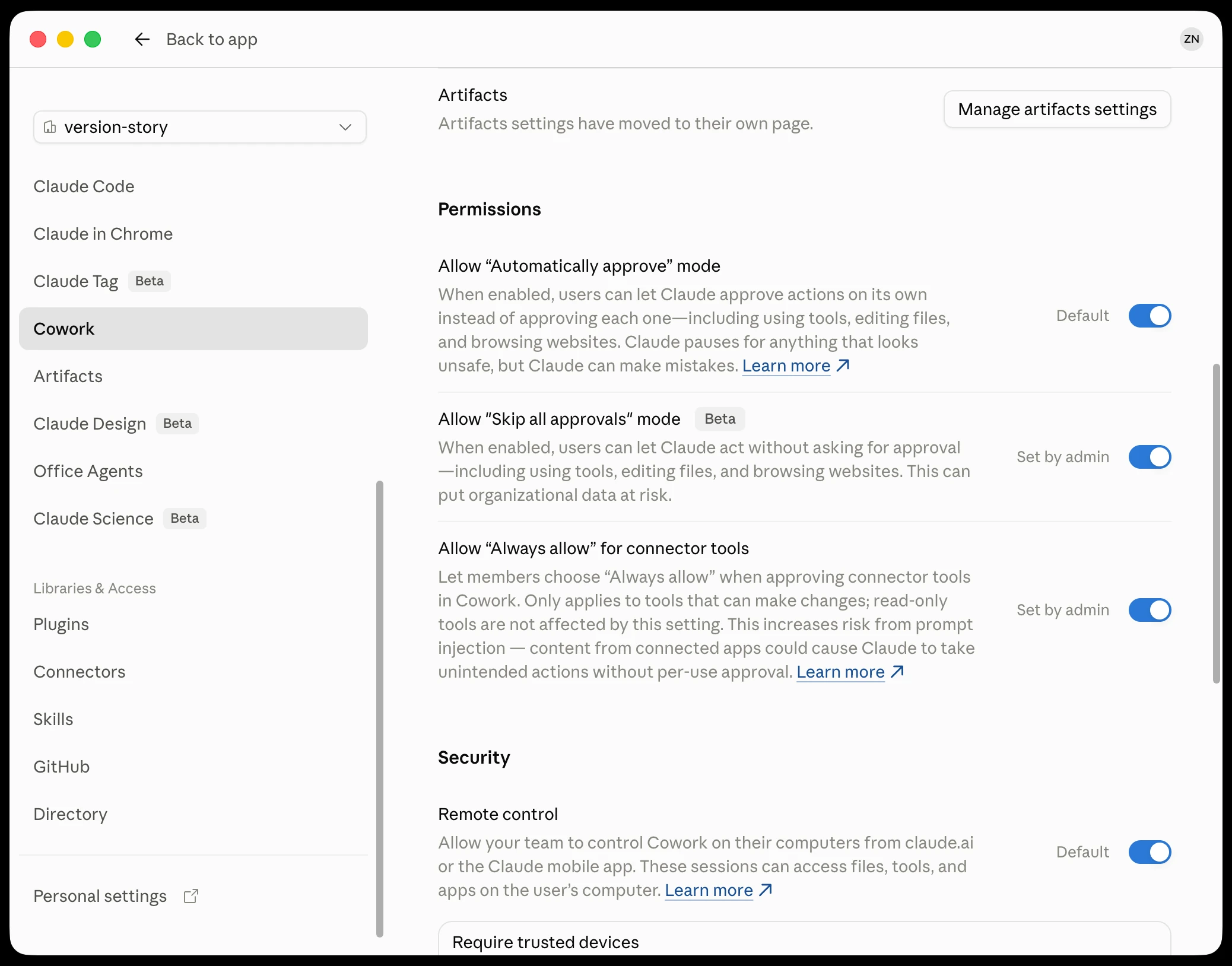 Cowork permissions with both settings enabled
