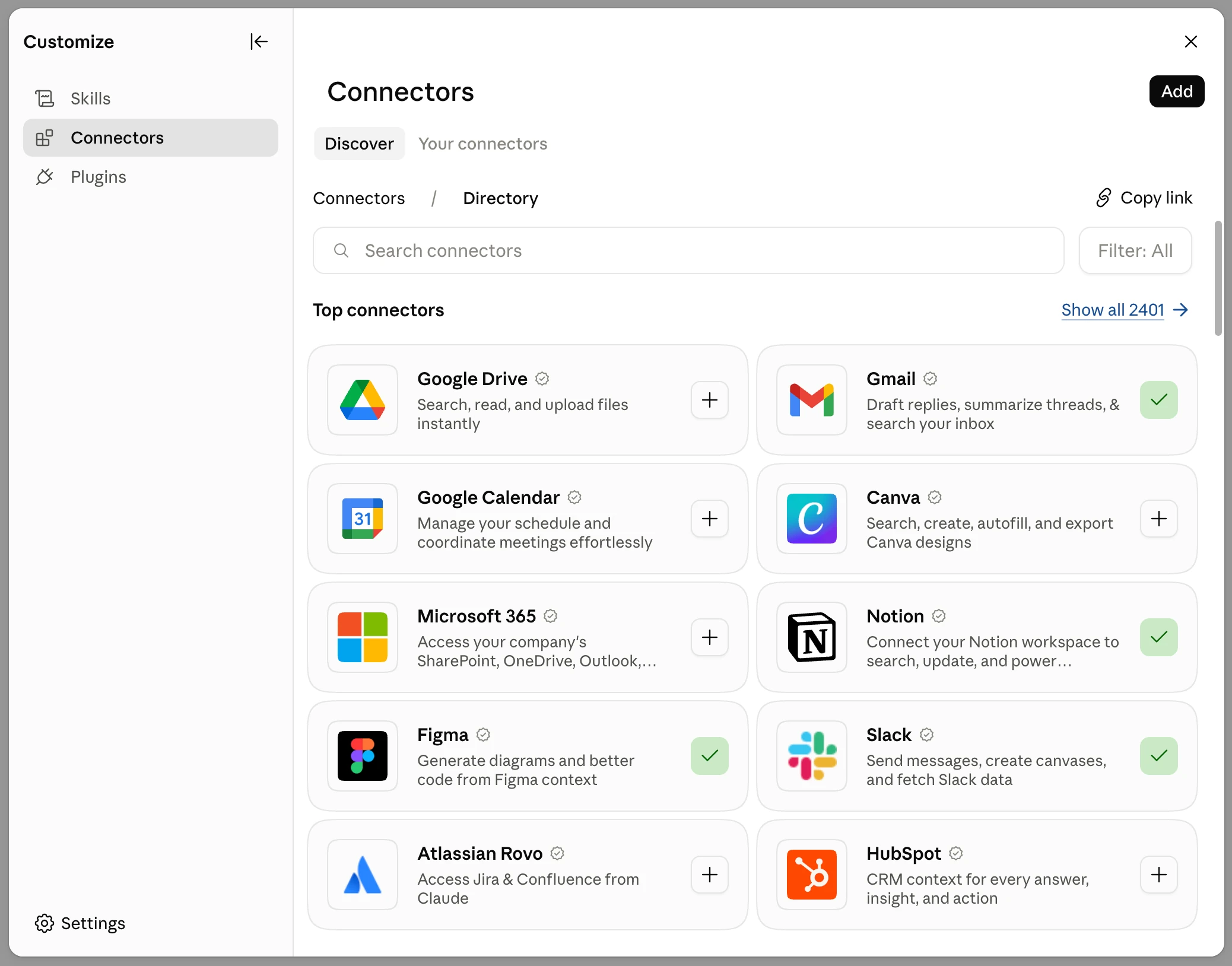 Connectors screen in the Customize panel