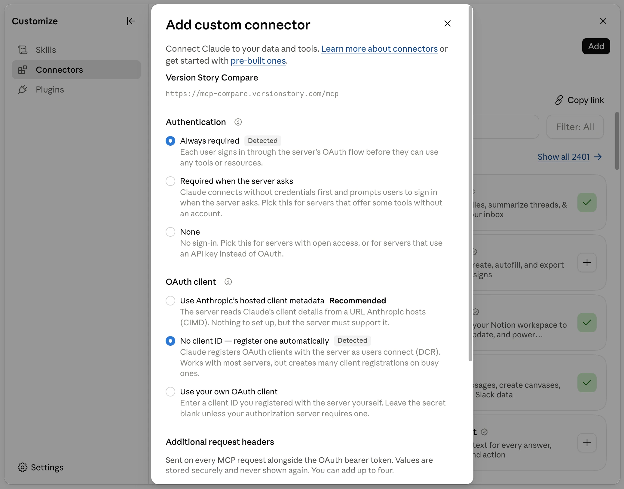 Authentication and OAuth client, both detected automatically