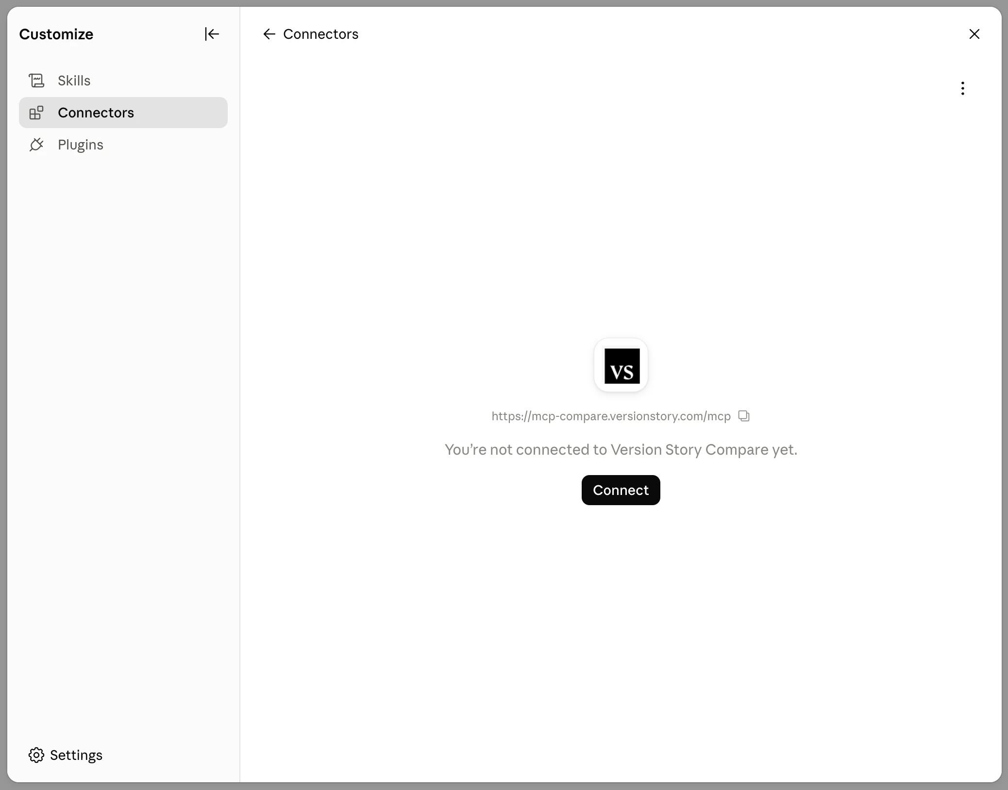 Connector page with the Connect button