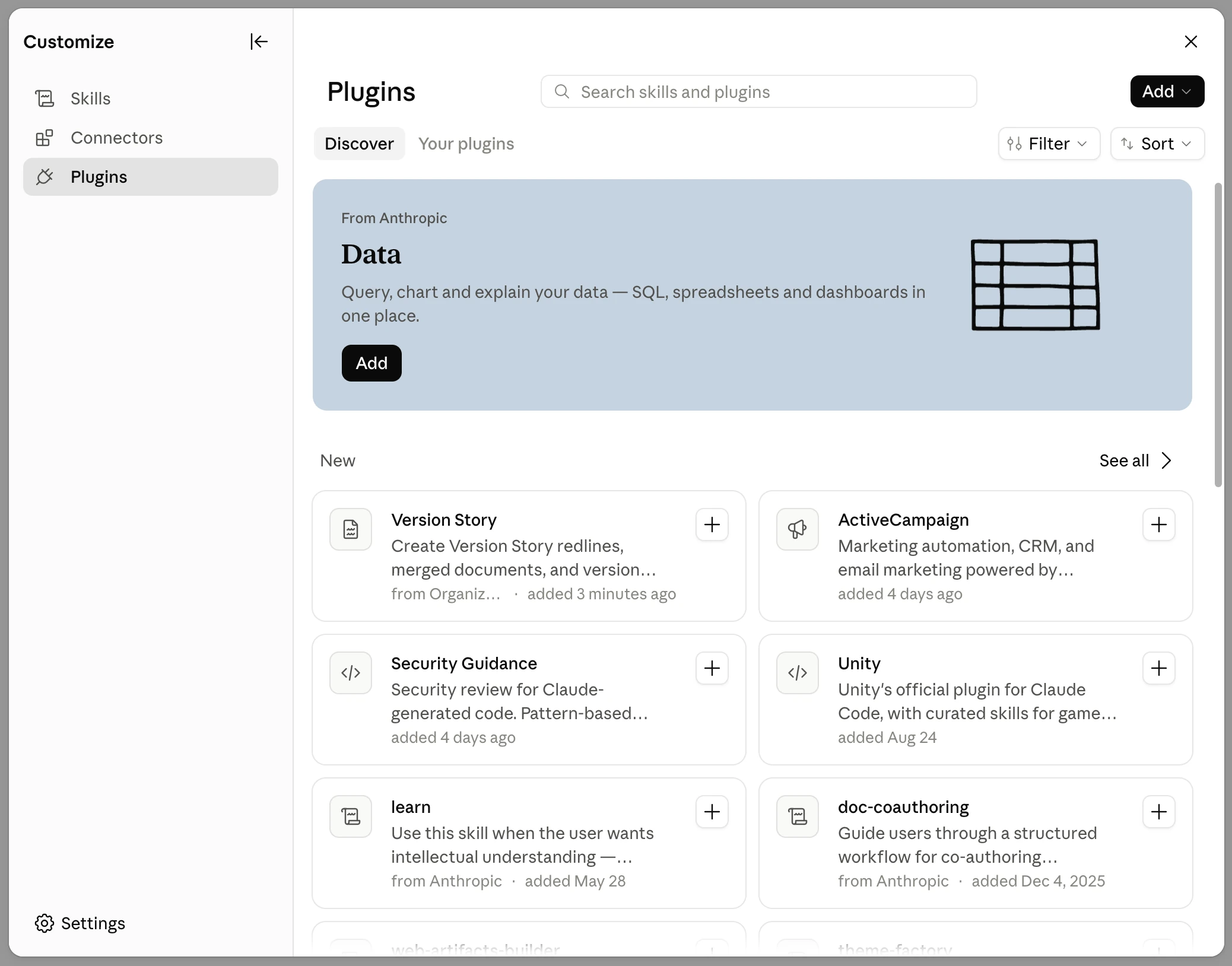 Plugins Discover tab with Version Story from the organization
