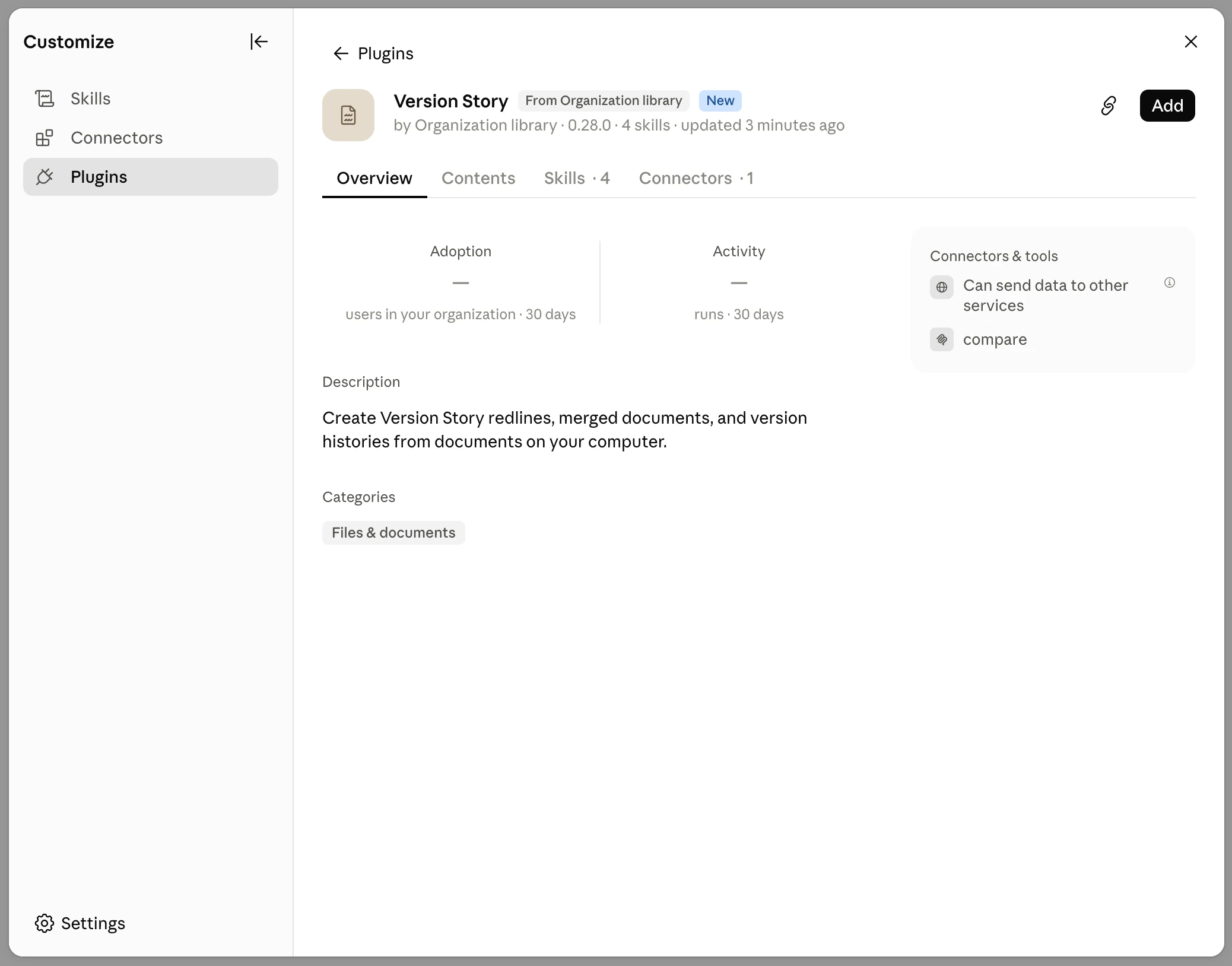 Version Story plugin page with the Add button