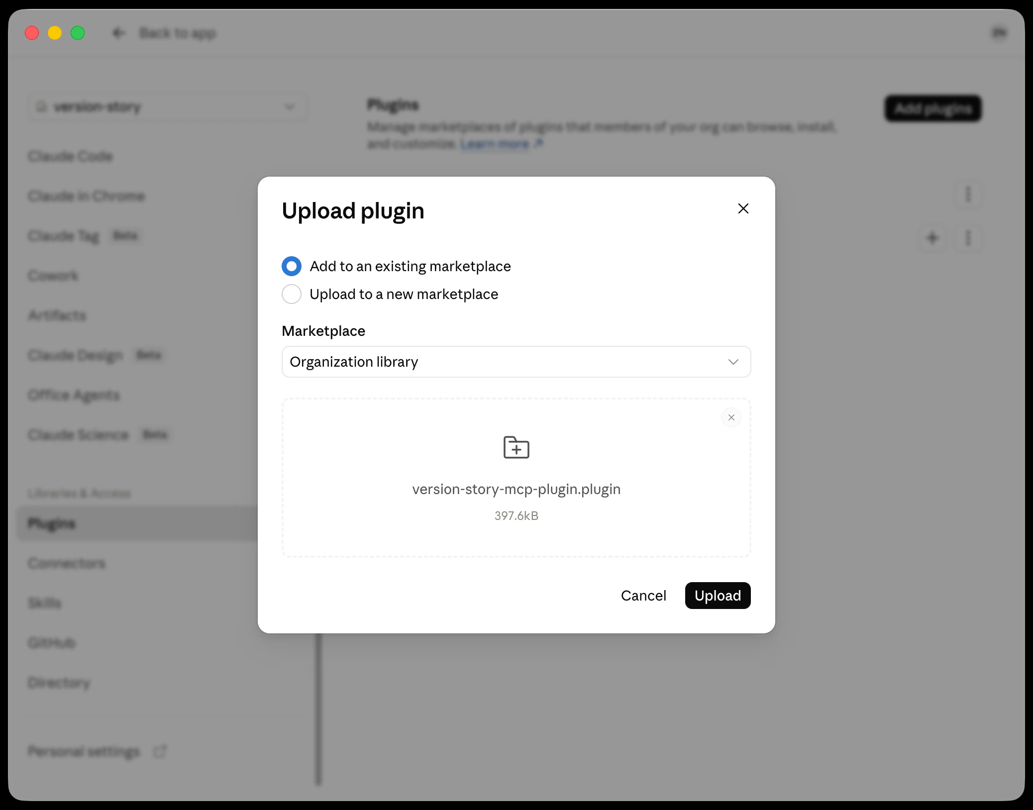 Upload plugin dialog with the plugin file selected