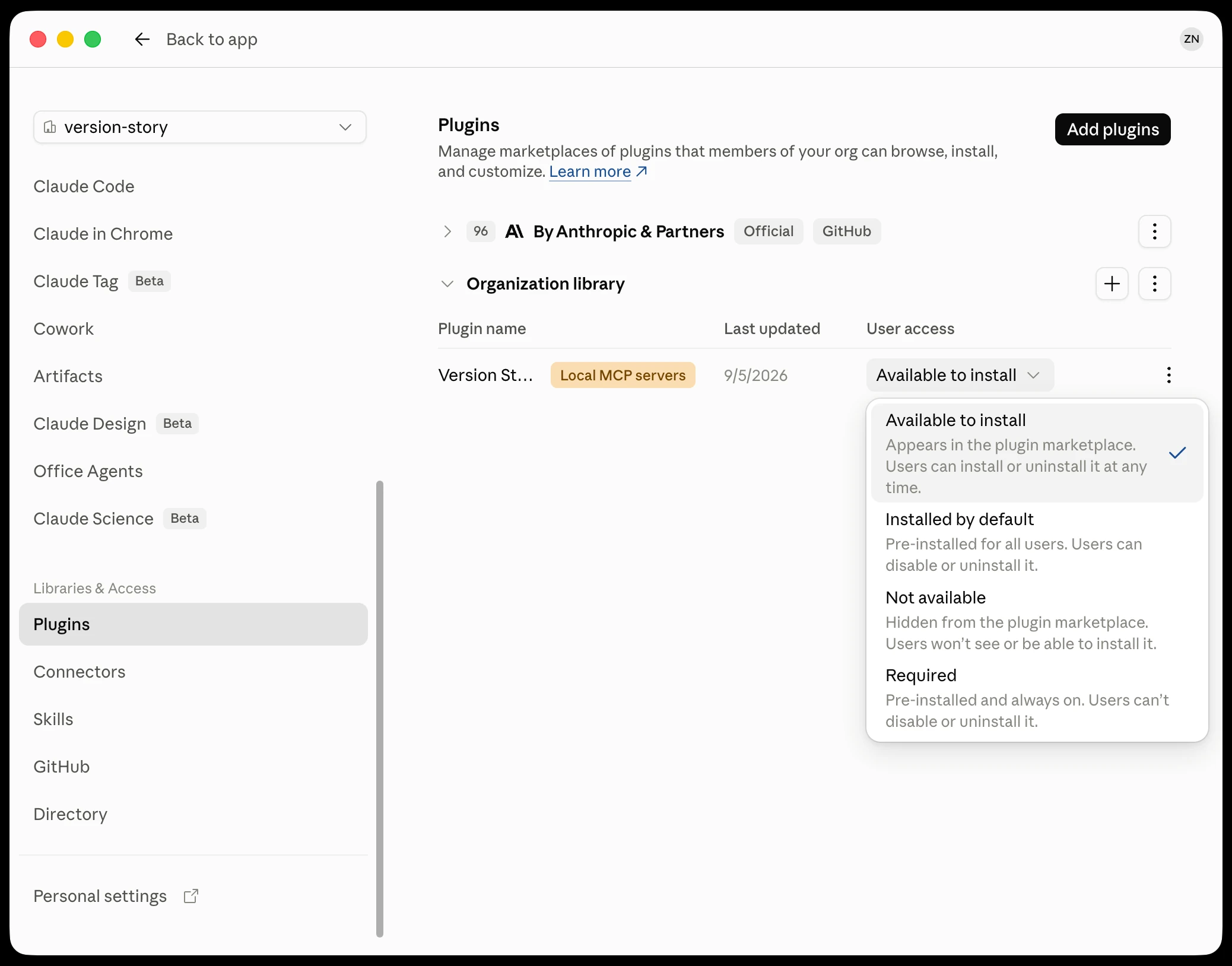 User access set to Available to install
