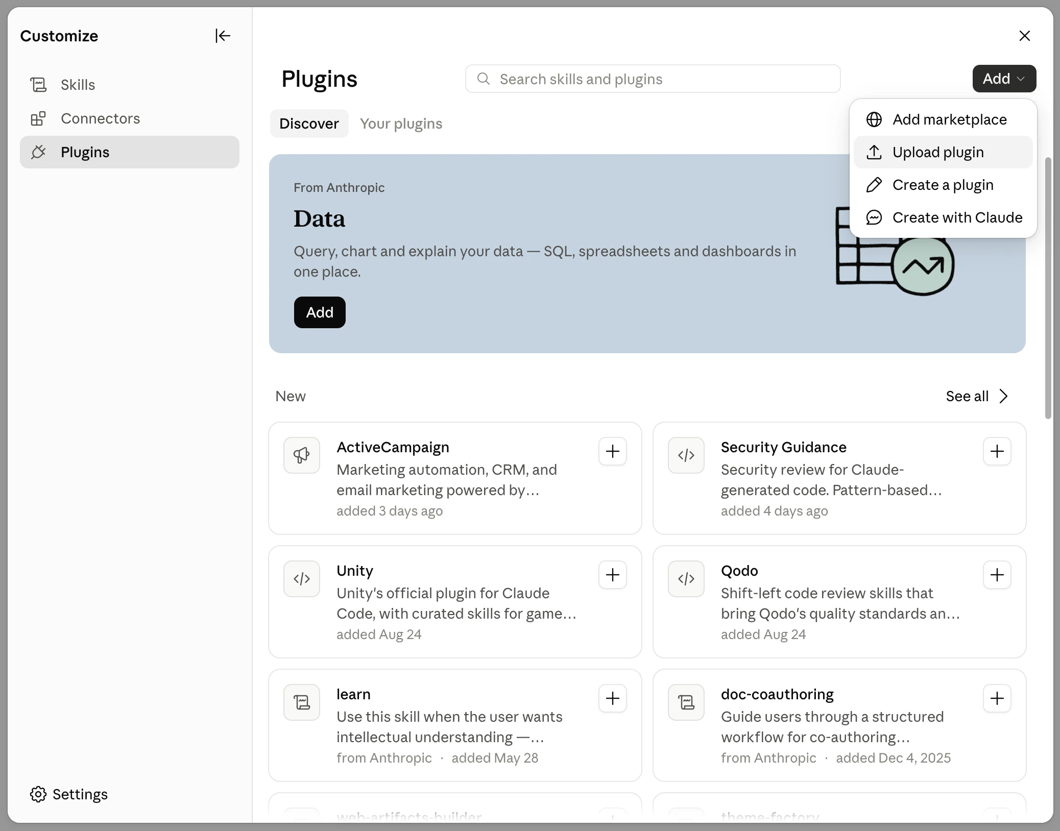 Add menu with Upload plugin highlighted