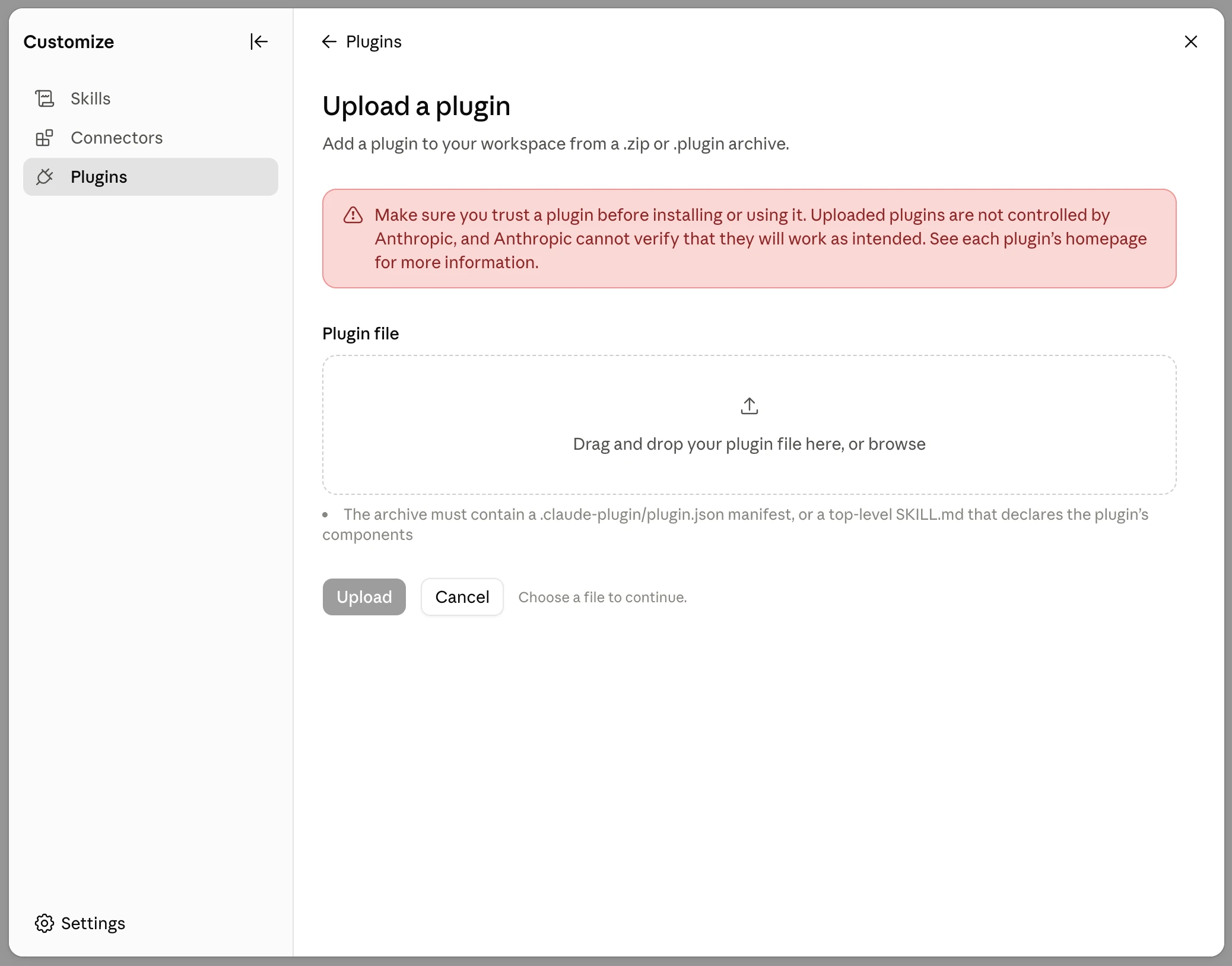 Upload a plugin screen with an empty drop area