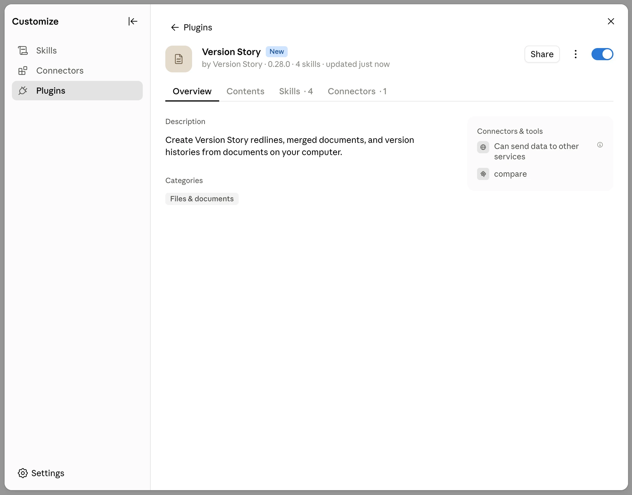Version Story plugin installed and enabled