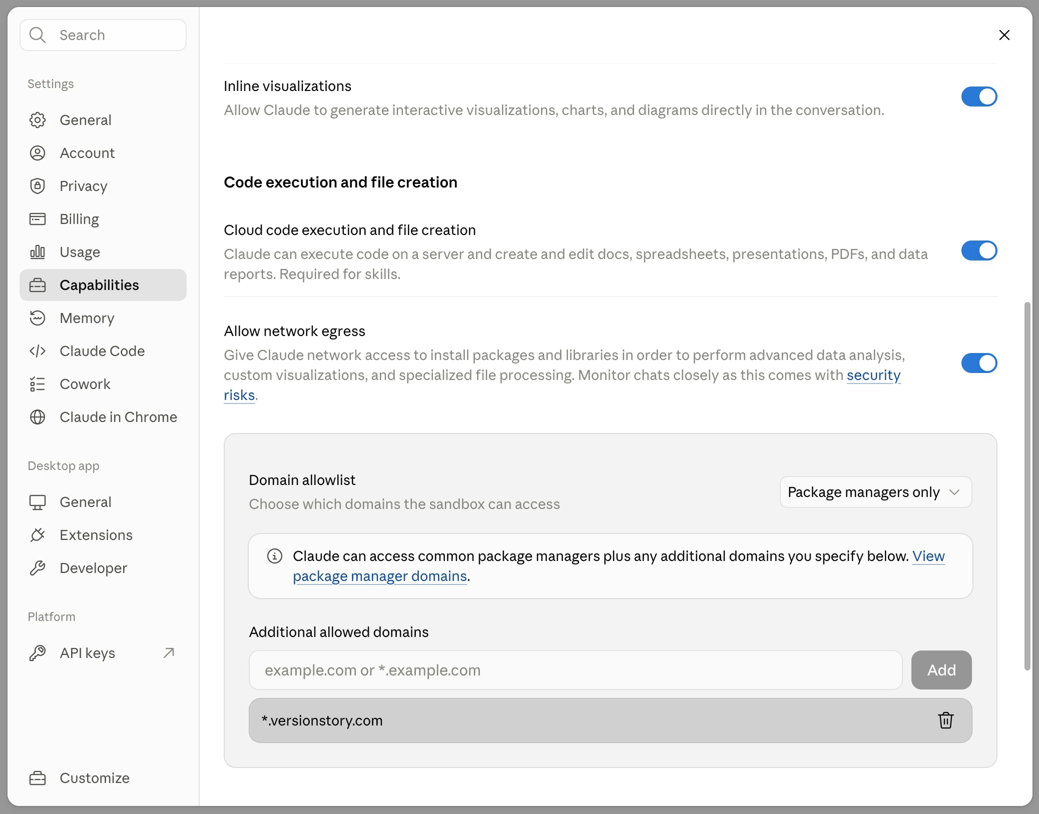 Capabilities screen with cloud code execution turned on