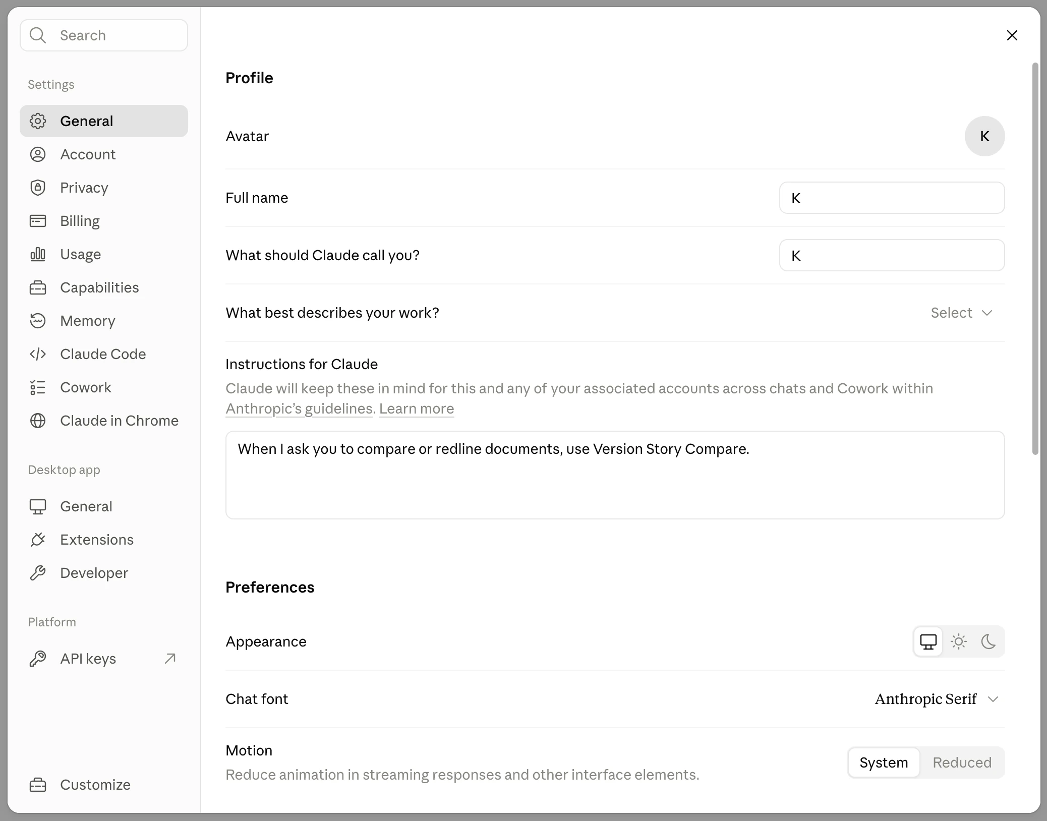 General settings with the comparison line added to Instructions for Claude