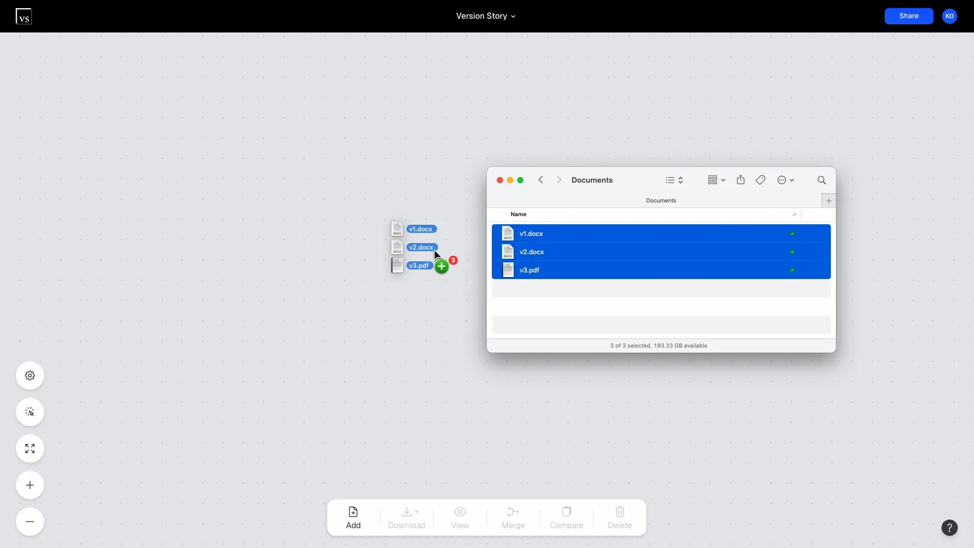 Dragging files from a computer folder onto the Version Story canvas