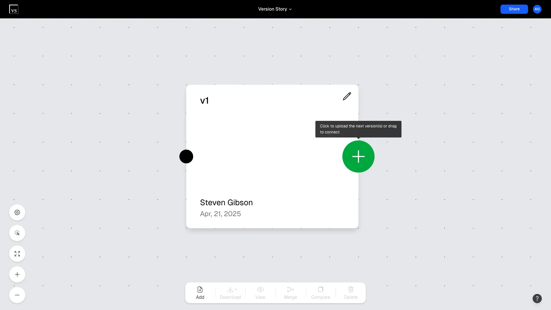 The plus (+) button expanding on a canvas version to add a related document