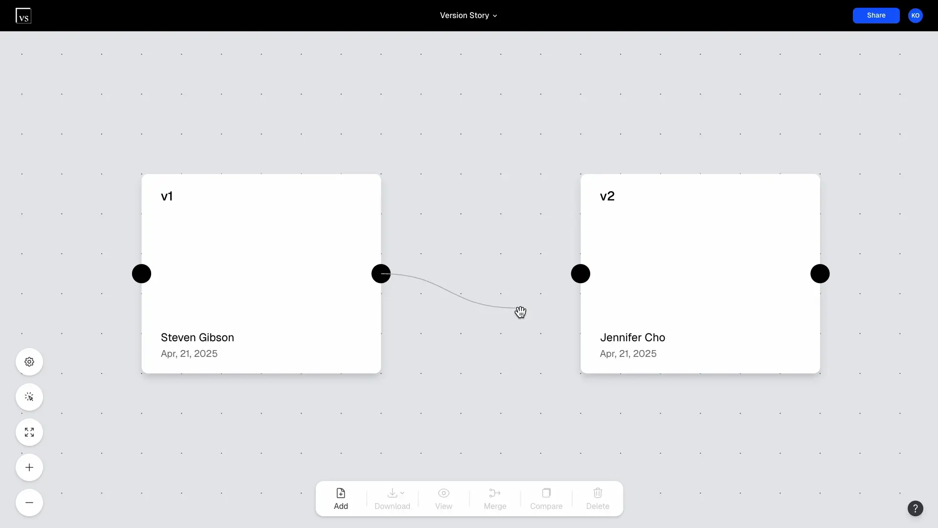 Drawing a line between the black circles on two versions to connect them