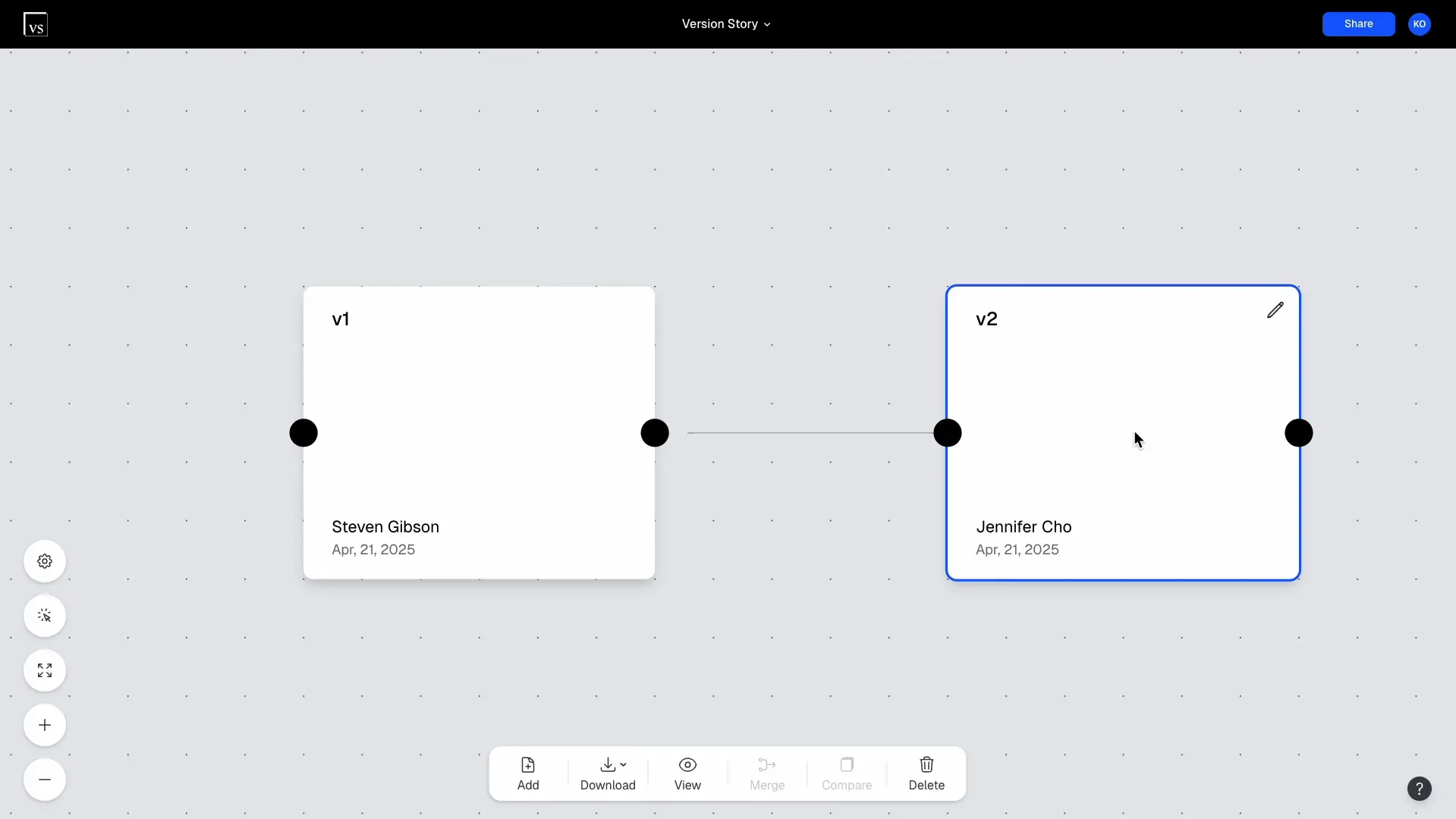 A connecting line appearing when a version is dragged near the previous one