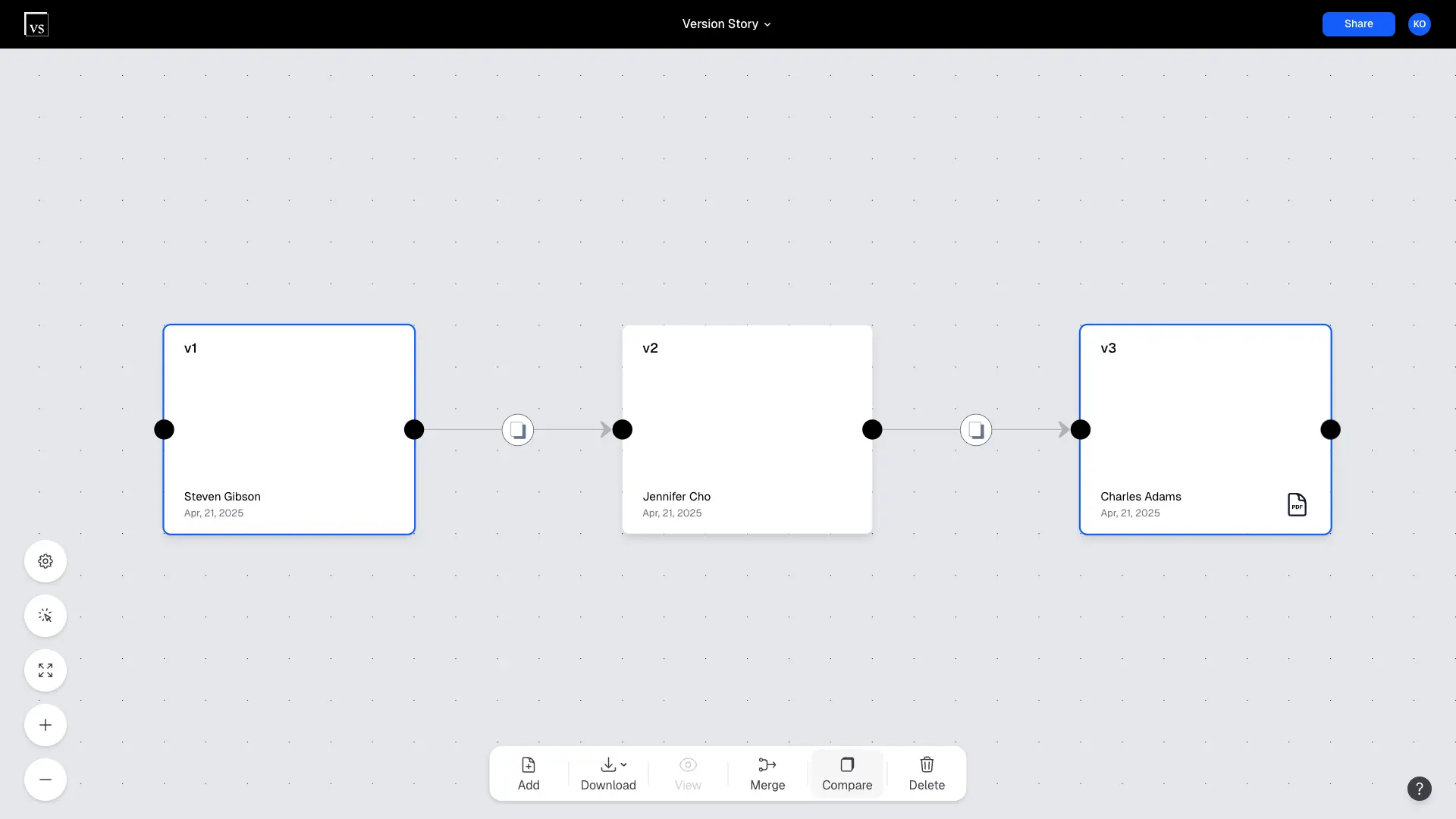 Control-clicking two non-sequential versions to activate the Compare button