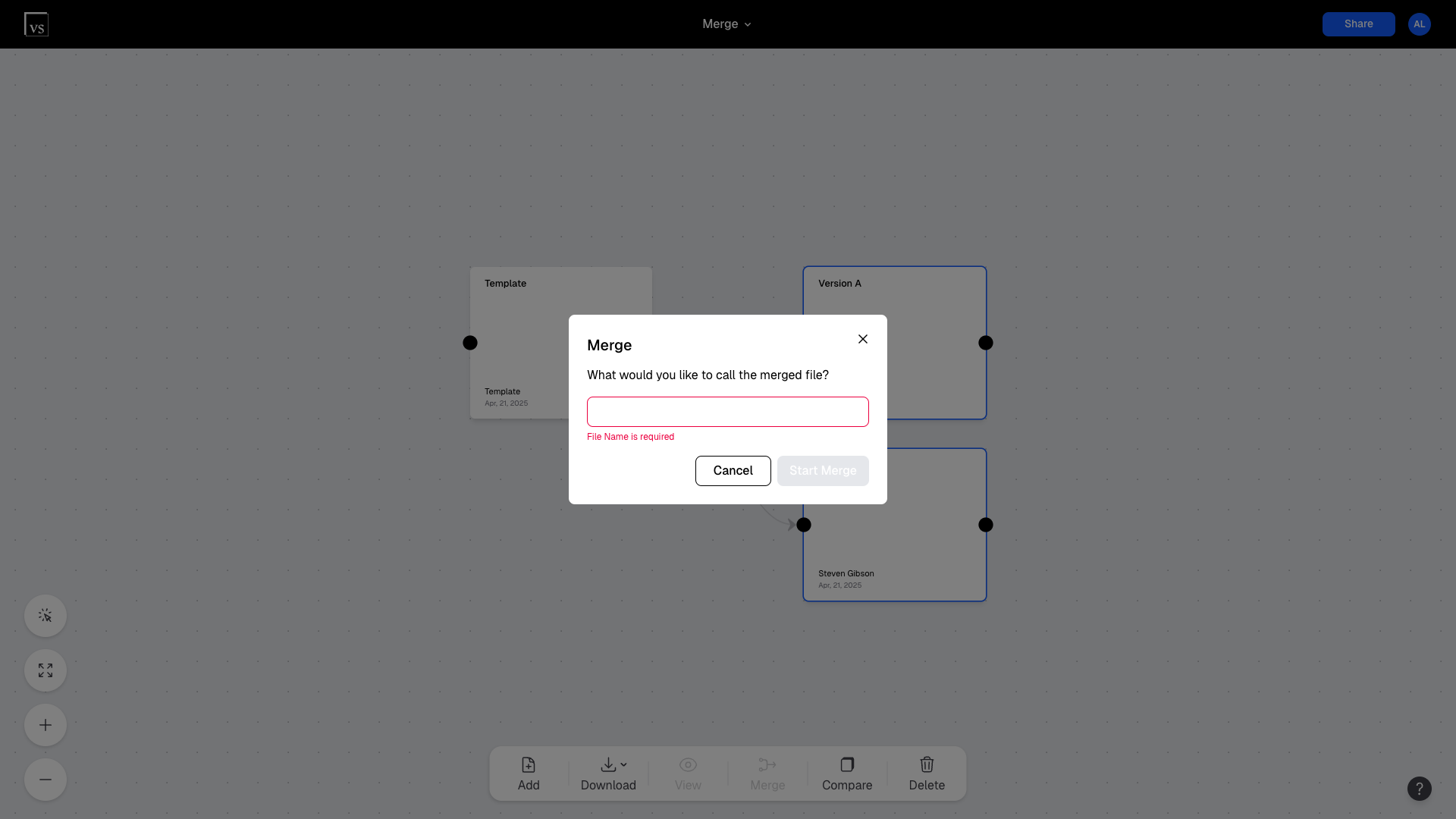 Naming the merged version and clicking Start Merge