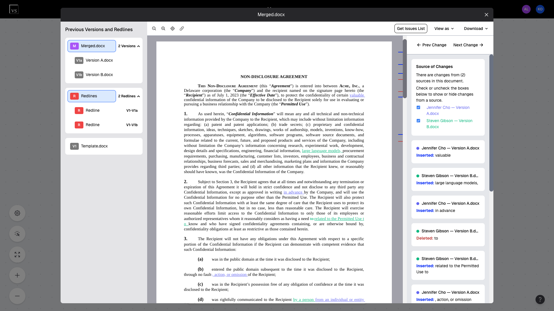 The merged version in the document viewer with each author’s changes in a unique color