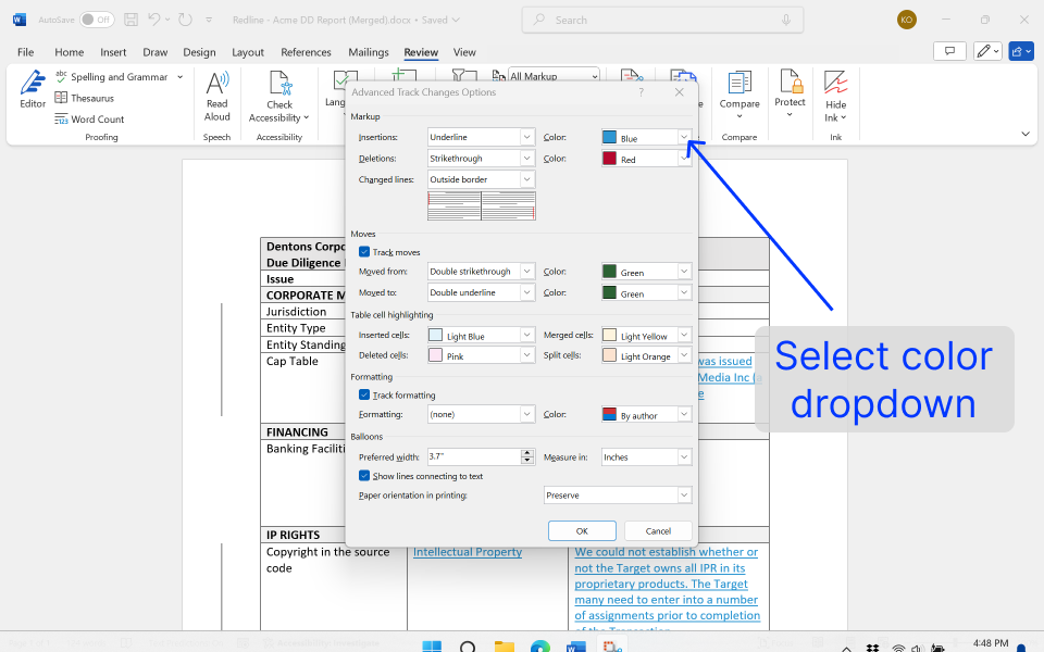 The Color dropdown next to Insertions in Word’s Advanced Track Changes Options