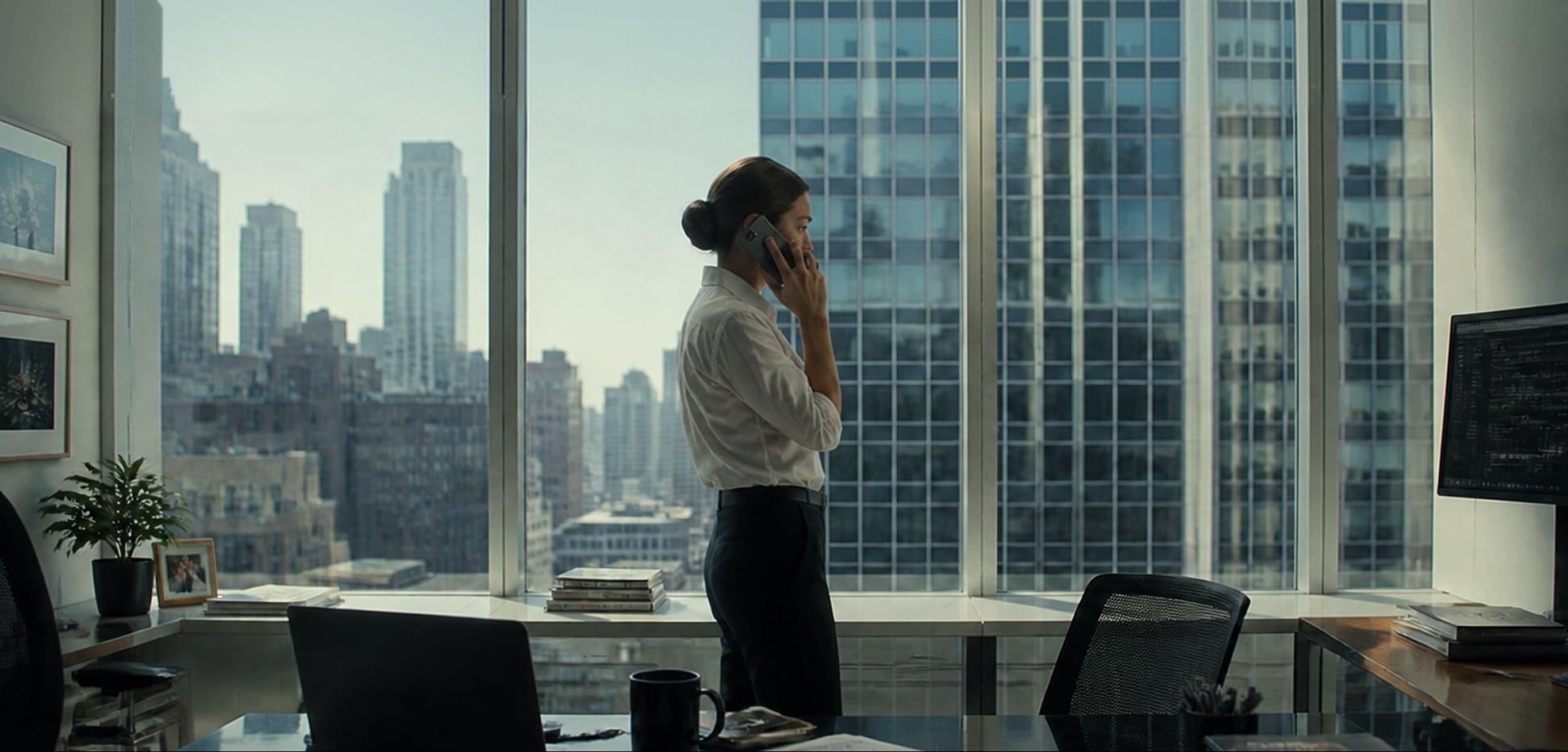 A lawyer takes a call at her office window overlooking the city